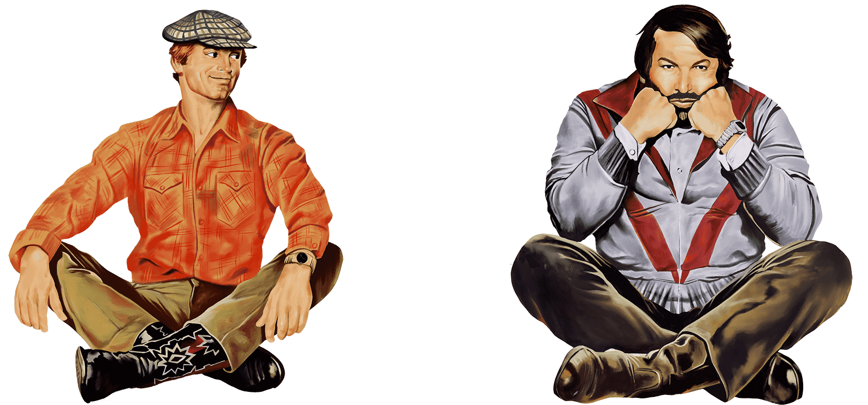 Bud Spencer und Terence Hill sitzend wie aus Zwei wie Pech und Schwefel